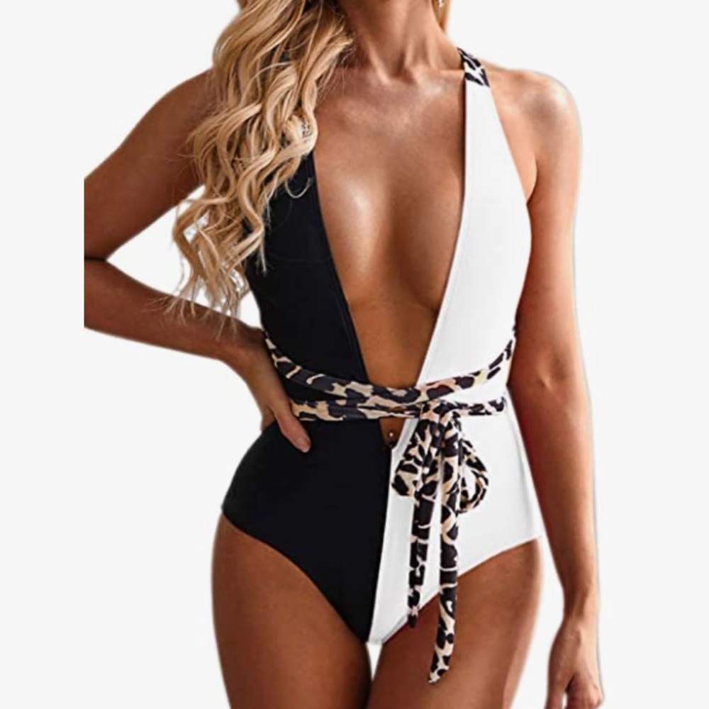 KBREAUR Women's Halter Bandage Deep V Neck One Piece Monokini Swimsuit Swimwear